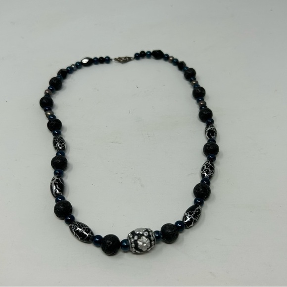 Classic Black Lava Rock Beaded Necklace with Blue and Black Marble Beads - Picture 9 of 11